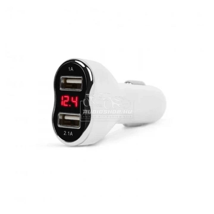 Autós szivargyújtó adapter 12 - 24 V / 3 Digites kijelzés, 2 x USB töltés, Fehér