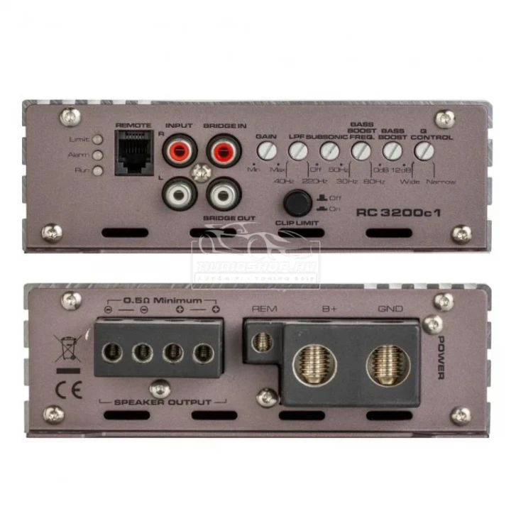 Gladen Audio RC 3200c1 D-Class mono  0,5 ohm stabil - 3180 WRMS, bekötési pontok, kapcsolók