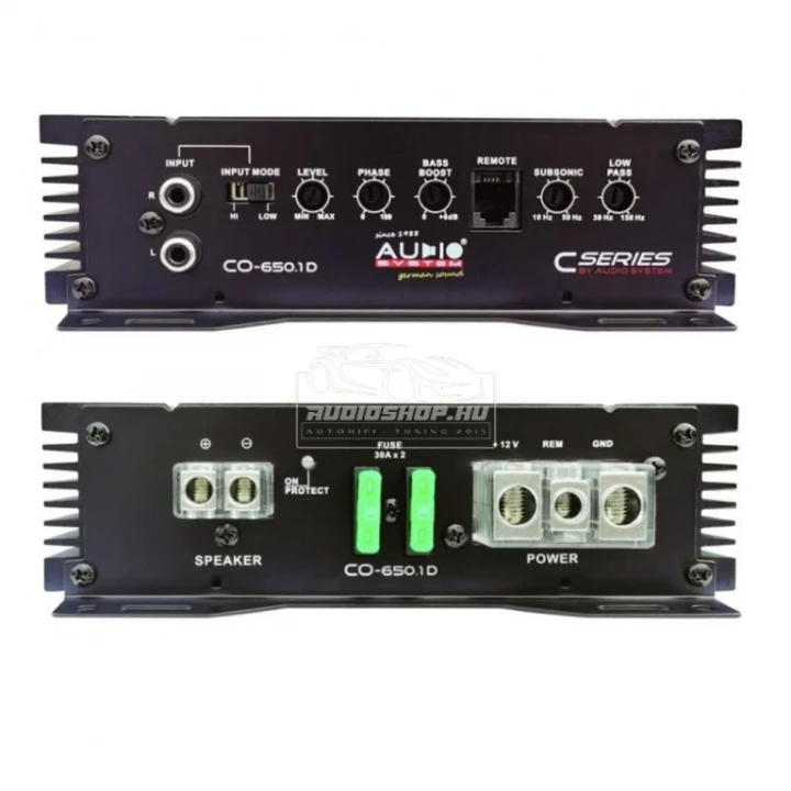 Audio System CO650.1D mono D-Class erősítő - bekötési pontjai, potméterek
