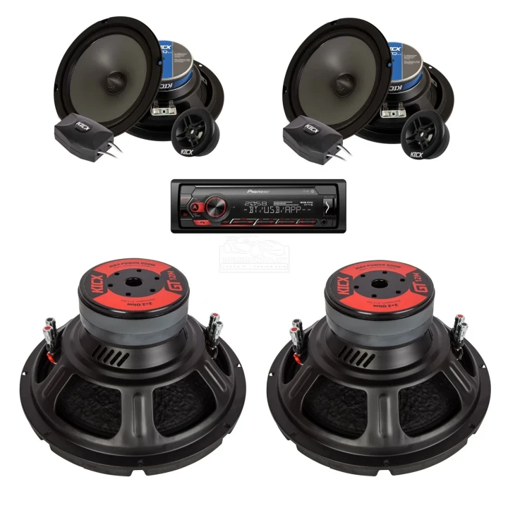 Kicx 1000W dupla mélynyomó és hangszóró szett, Pioneer BT autórádióval